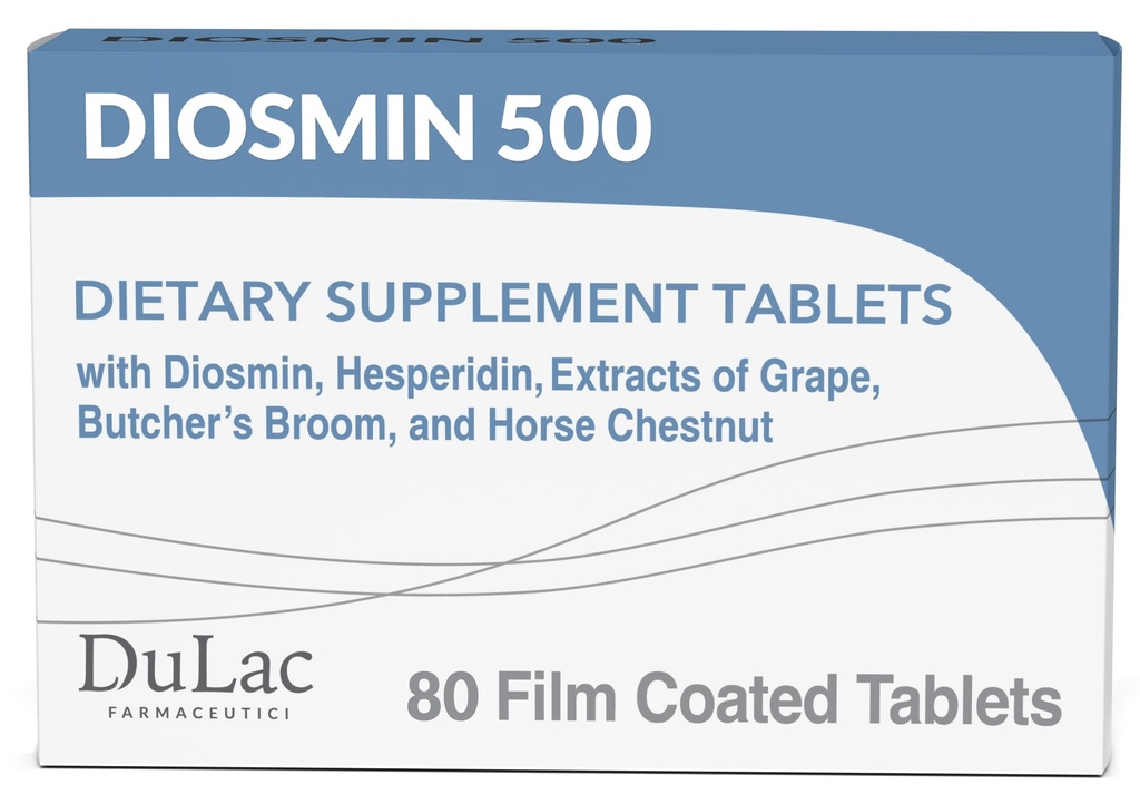 Dulac Diosmin 500, Suplemento dietético micronizado Diosmin Hesperidin 1000mg por porção, Extrato de Castanha de Cavalo, Extrato de Avelã e Extrato de Uva Vermelha do Açougueiro, Suporte de Circulação de Pernas, 80 Tablets, Made in Italy