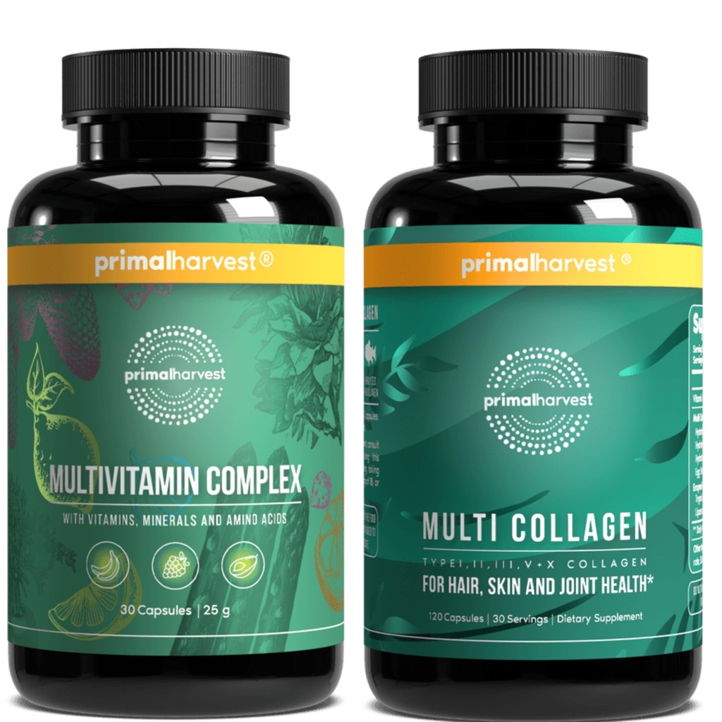 Colheita Primal Multivitamin & Colágeno Suplementos para Mulheres e Homens Cápsulas Multi Vitamina e Colágeno Peptídeos Pílulas Pacote