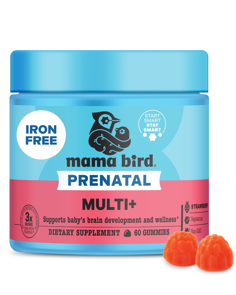 Melhor bem-estar do ninho Mama Bird Pré-natal Multi Plus - Pré-natal Cuidado Suplemento Suporta Cérebro & Saúde Digestiva - Vegan Multivitamin com metilfolato & Mais - Morango, 60 Gummies (30 Servings)