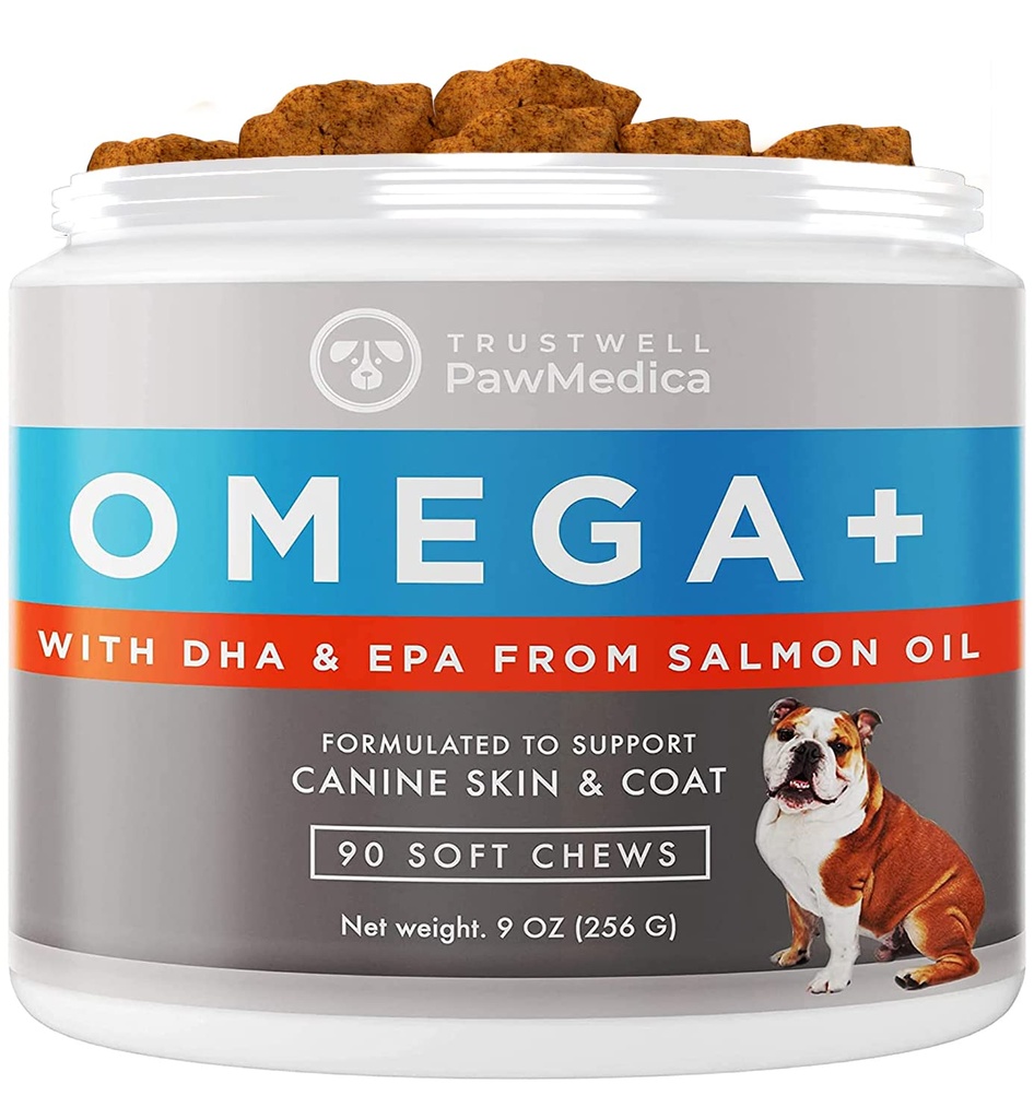 PawMedica Omega 3 para cães, pele do cão e casaco Suplemento com óleo de peixe Amor ajuda com a pele seca do cão, Omega 3 6 9 mastigação de vitamina para alergias do cão