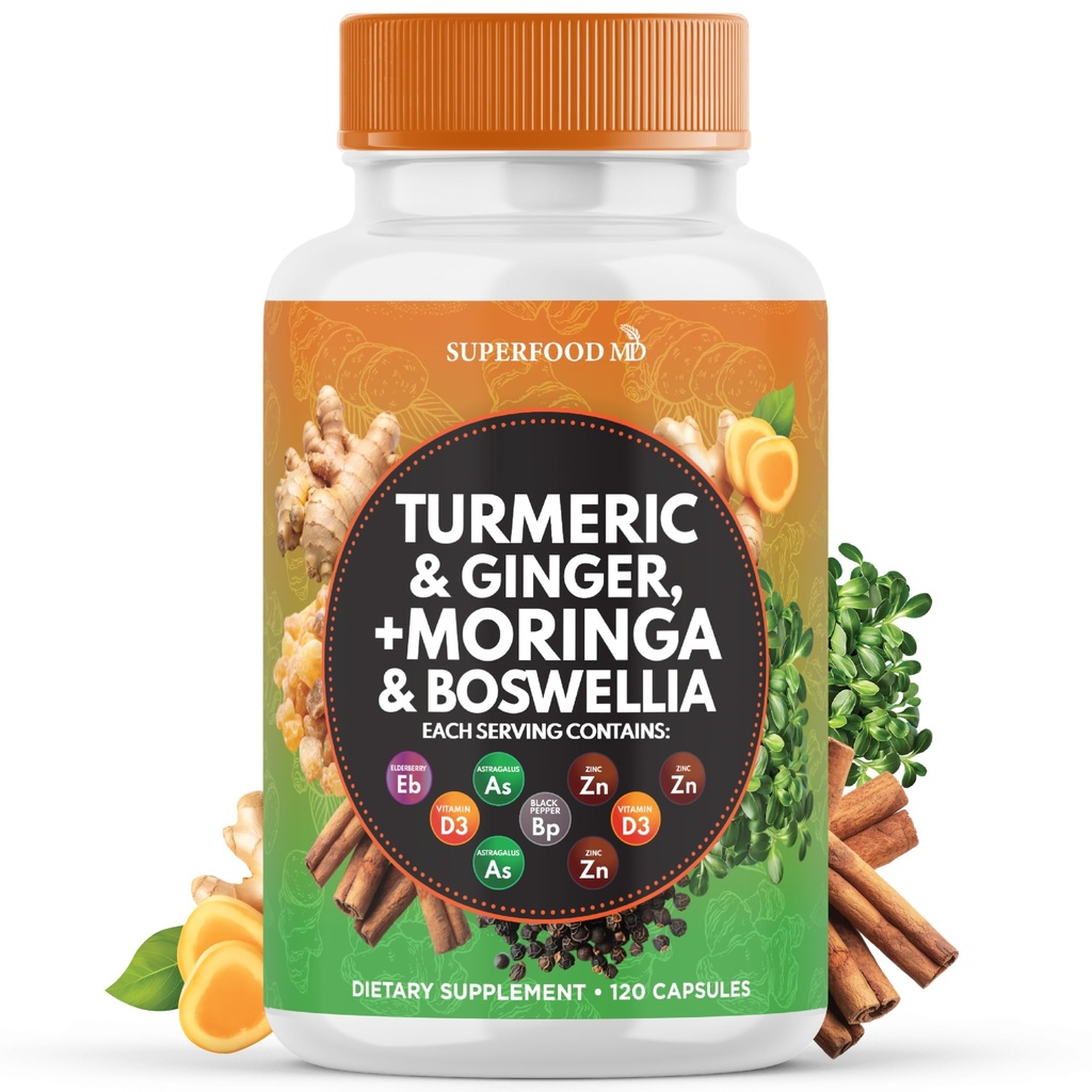 Suplemento Moringa Açafrão, Boswellia, Saffron, Holy Basil- Suplemento de Apoio Conjunto para Mulheres e Homens com Ceilão Canela, Quercetin, Tart Cherry- 120 Conde