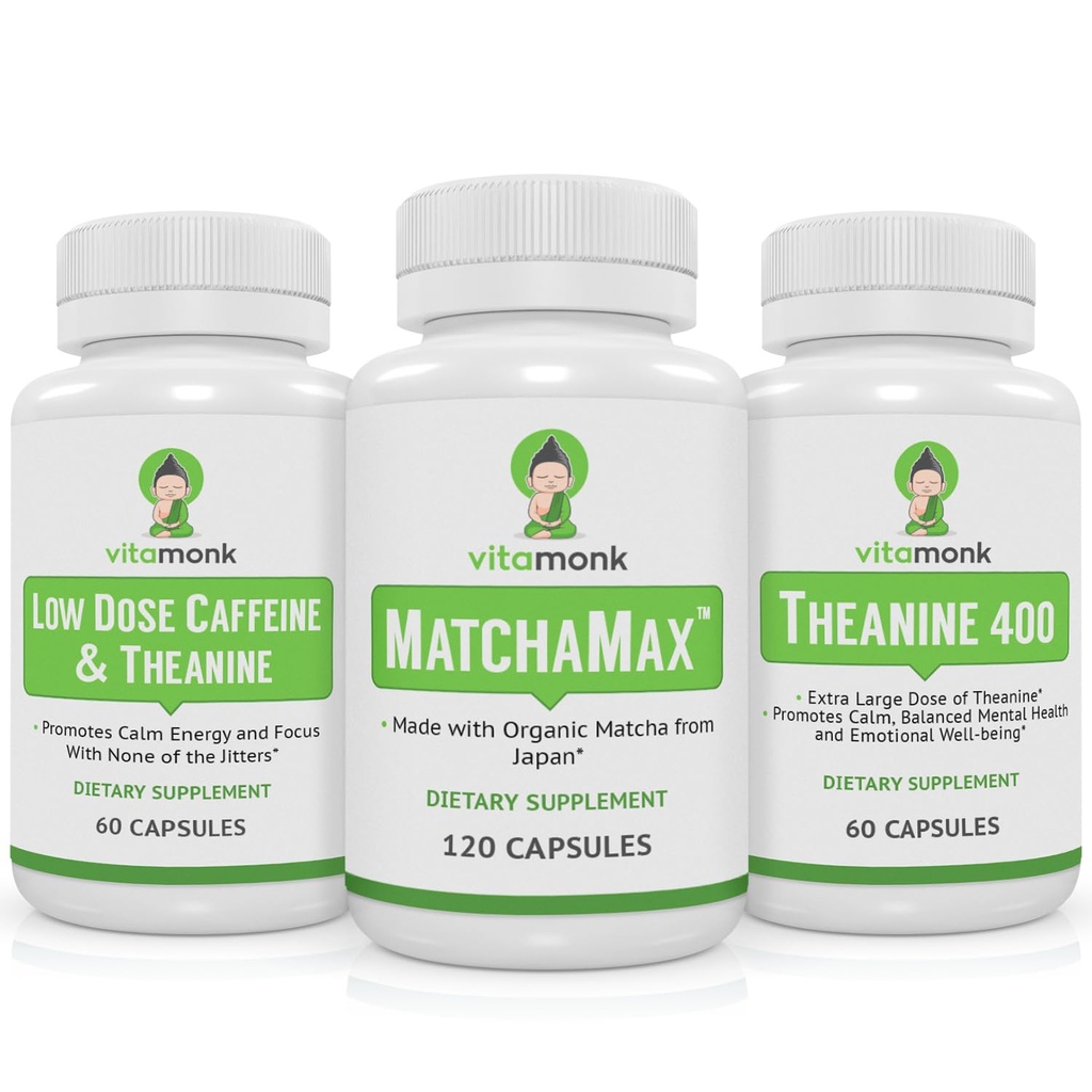 VitaMonk Matcha, baixa dose de cafeína e pacote de teanina - calma, energia focada sem os nervos