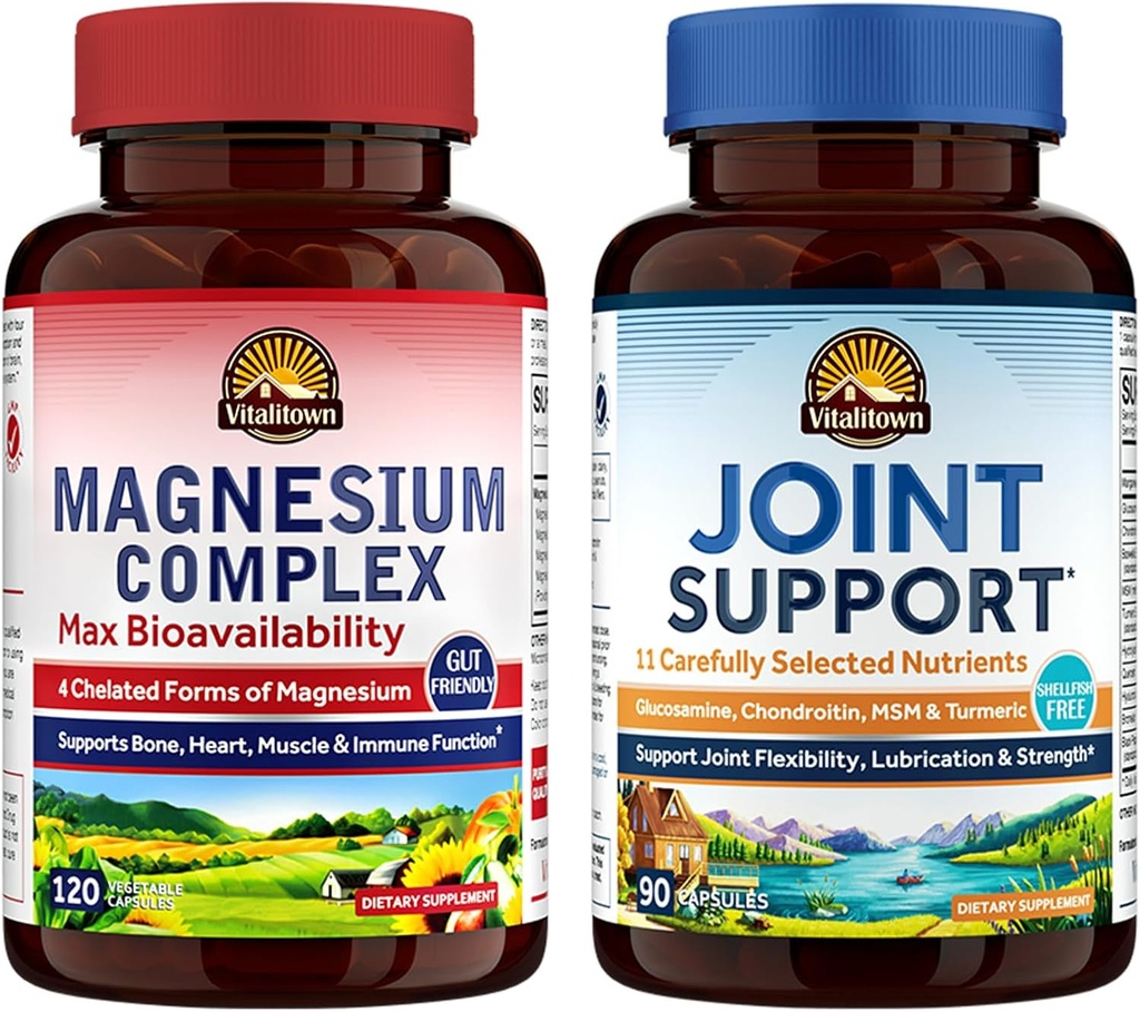 Vitalitown Magnésio + Glucosamina Condroitina HSH Bundle (Pacote de 2) Complexo de Magnésio (Item 1) e Suporte Conjunto* (Item 2) 120 Cápsulas de Magnésio e 90 Cápsulas Conjuntas