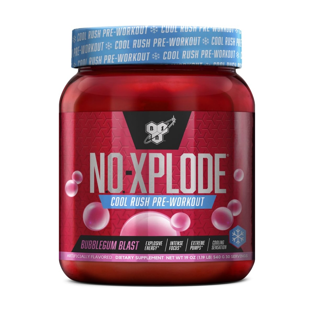 BSN N.O.-XPLODE Cool Rush Pré-treino em pó, Pré-treino Suplemento de energia para homens e mulheres com Creatina e Beta-Alanine, Novo sabor: Bubblegum Blast, 30 Servings