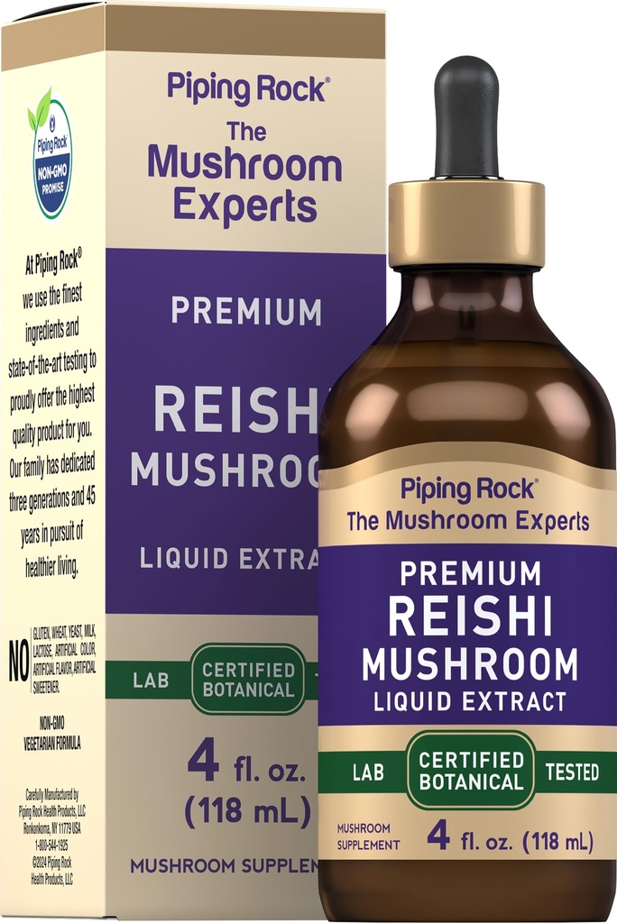 Piping Rock Reishi Mushroom Extract Tintura 4 fl oz ou gotas líquidas vegetarianas