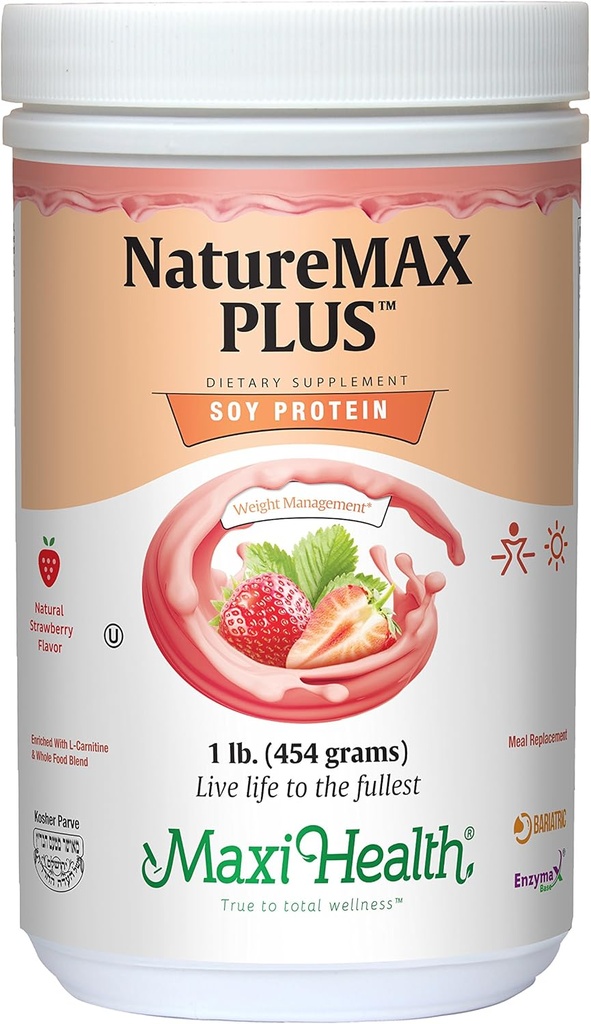 Maxi-Health NatureMAX PlusTM Suporte energético Beber pó de proteína de soja - Suplemento de dieta livre de açúcar - 20g de proteína por serviço - Natural Strawberry Flavor - Kosher Vitamina - 1lb