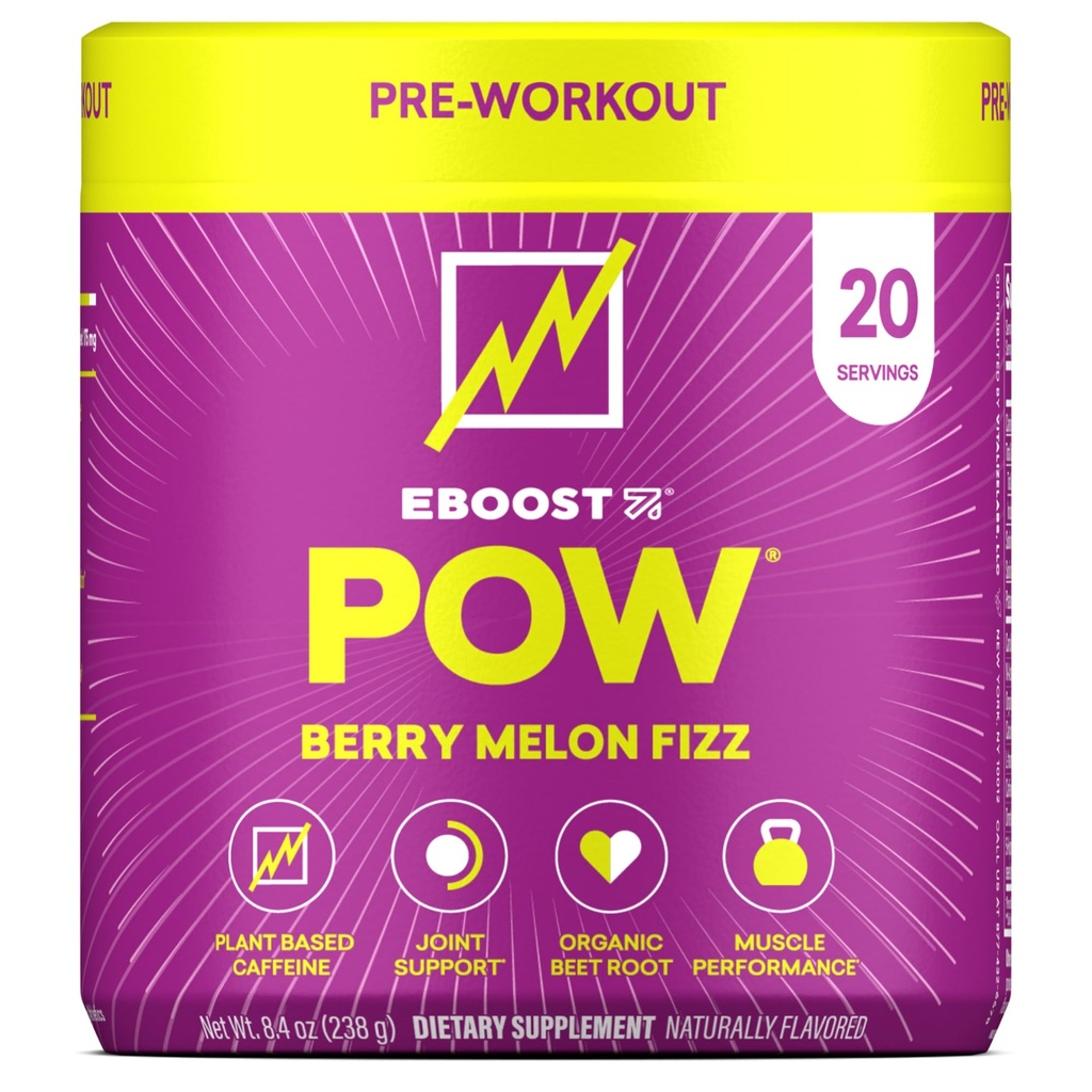 EBOOST POW Natural Pré-treino Pó - 20 Servings - Berry Melon Fizz - Pré-treino Suplemento para Desempenho, Apoio à Mobilidade Conjunta, Energia, Foco - Homens e Mulheres - Não-GMO, Sem Glúten, Sem Creatina