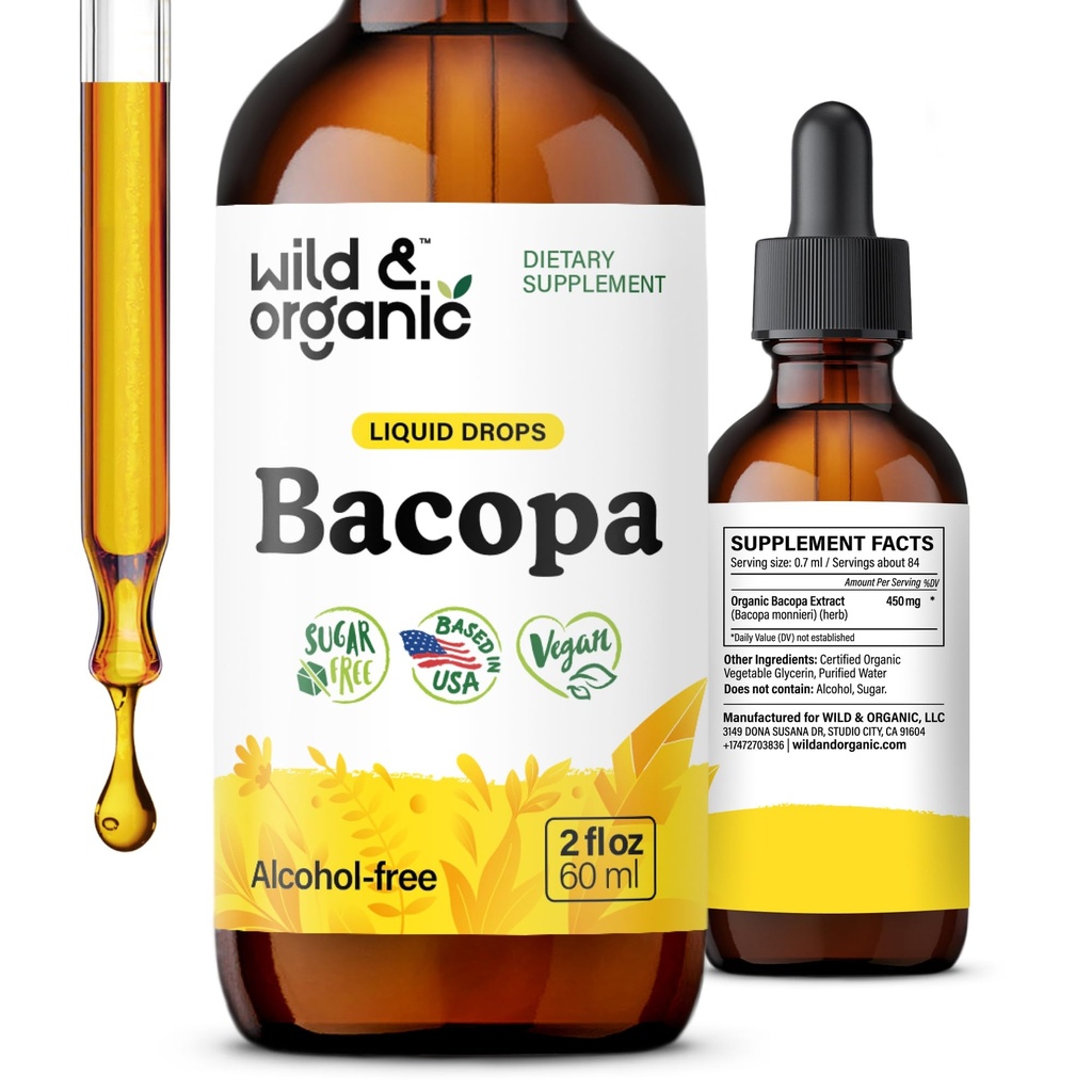 Wild & Organic Bacopa Tintura - Suporta calma, foco, clareza - Bacopa Monnieri Suplemento Líquido - Drops sem álcool com extrato Brahmi - Vegan, Livre de açúcar - 2 meses de fornecimento - 2 fl oz
