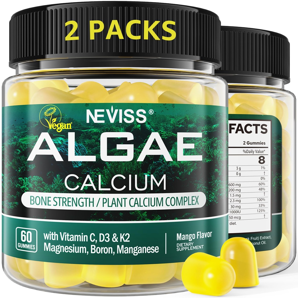(2 Pack) Pastilhas de cálcio para mulheres, Suplemento de cálcio sem açúcar de algas sustentáveis (3a parte testada) com vitamina D3 K2, C, Zinco, Borão, Manganês para a força óssea, Absopção de cálcio, Vegan