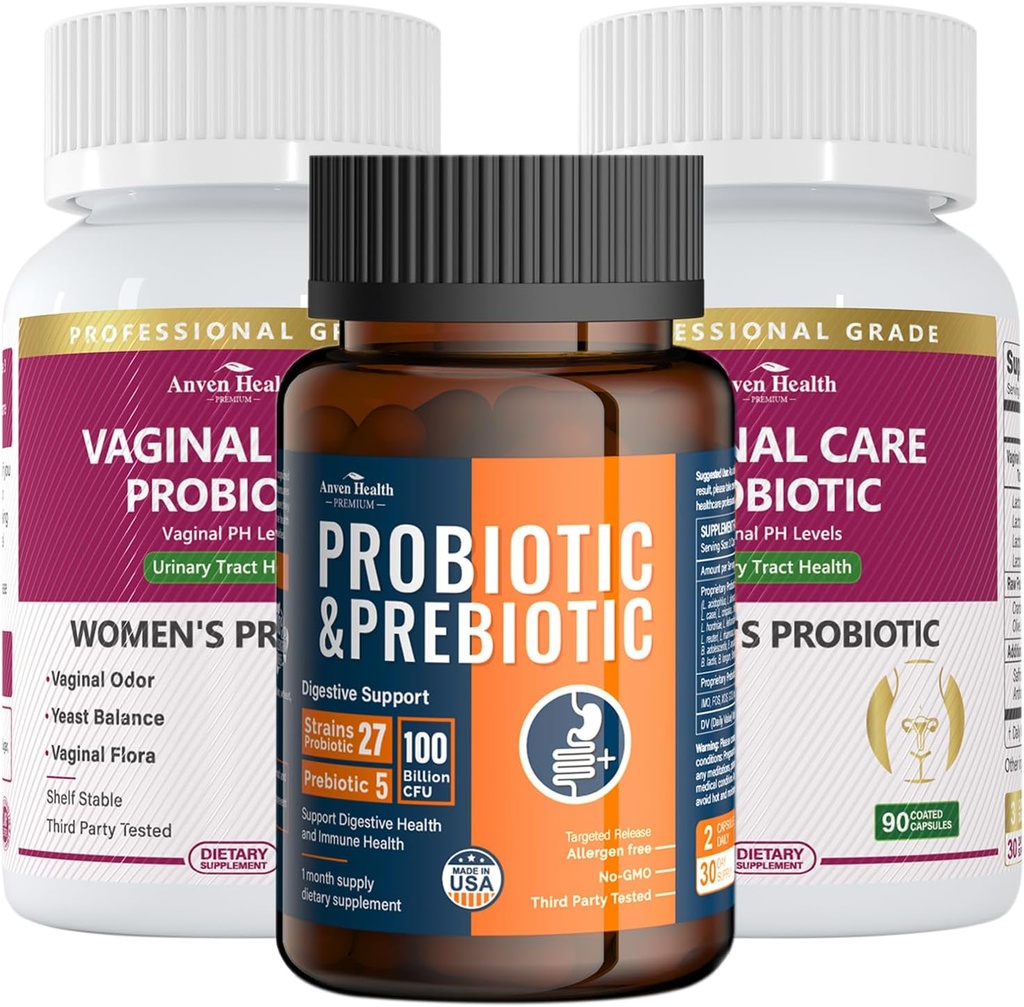 Probióticos vaginais femininos + 100 bilhões de probióticos com prebióticos orgânicos para Gut Digestive & Imune Health Bundle – Bem-Estar Total, Dentro e Fora!