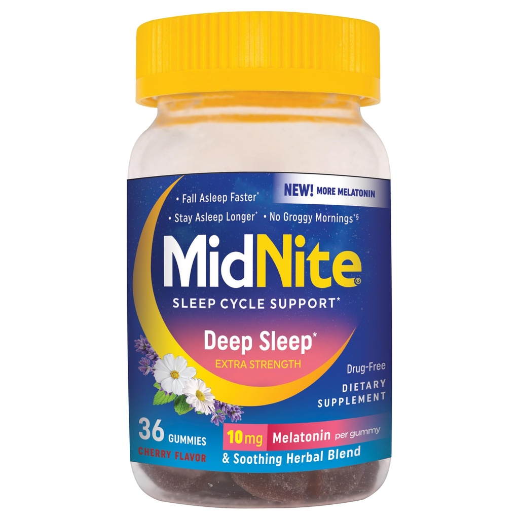 MidNite Deep Sleep Força extra, 10 mg Melatonina Ajuda para o sono, Não-Habit Forming, Suplemento dietético de ervas para adultos, Livre de drogas, Sem glúten, Livre de lactose, Vegetarian-Friendly, 36 chicletes