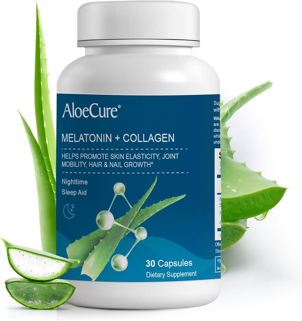 AloeCure Natural Melatonina + Colágeno com Aloe Vera Orgânica - Suplemento de Ajuda ao Sono Natural para Noites Descansadas - Complexo de Colágeno para Força Conjunta, Elasticidade da Pele, Crescimento de Cabelo e unhas, 30 Cápsulas