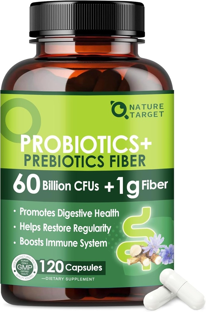 Probióticos para Mulheres e Homens Saúde Digestiva com Fibra Prebiótica - Suplemento de Fibra com 60 bilhões Probiótico para Regularidade & Limpeza de Gut - Suporta Constipação Ocasional - 120 Cápsulas Veggie