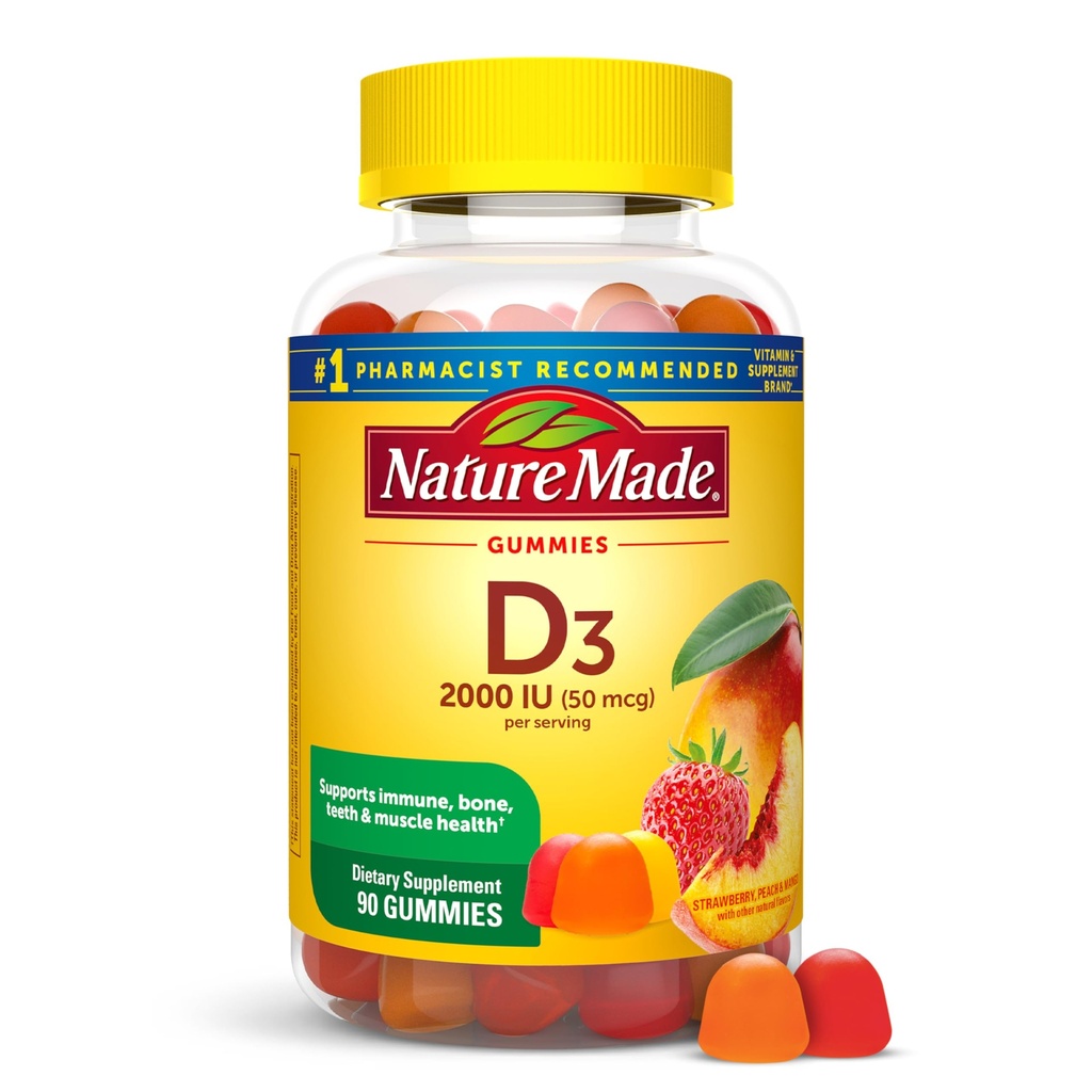 Nature Made Vitamina D3 2000 UI Por Pastilhas de serviço, Osso, Dentes, Músculo e Imune Saúde Suporte, Fornecimento de 45 dias, 90 pastilhas de vitamina D para adultos