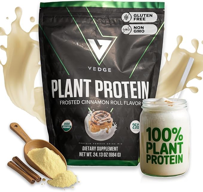 Vedge Vegan Protein Powder - Proteína vegetal em pó com ervilha, abóbora e girassol - USDA Orgânico, Aminoácidos, Dairy Free, Sem glúten, Soja, Keto, Não OGM, Textura Suave - Cinnamon - 20 Servings