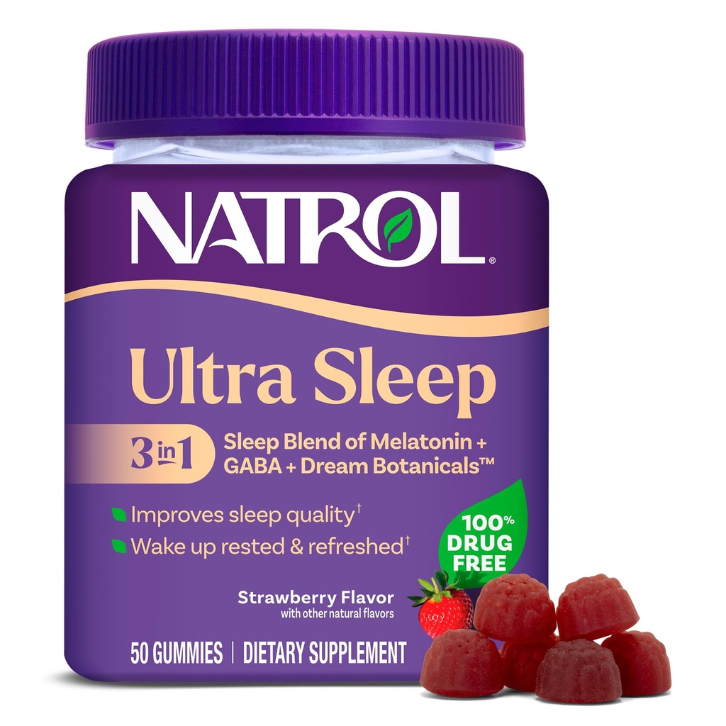 Natrol Ultra Sleep 3-em-1 100% Drug-Free Sleep Aid Mistura com Melatonina, GABA & Botânicas, Suplemento dietético, Formando Não Habit, 50 chicletes