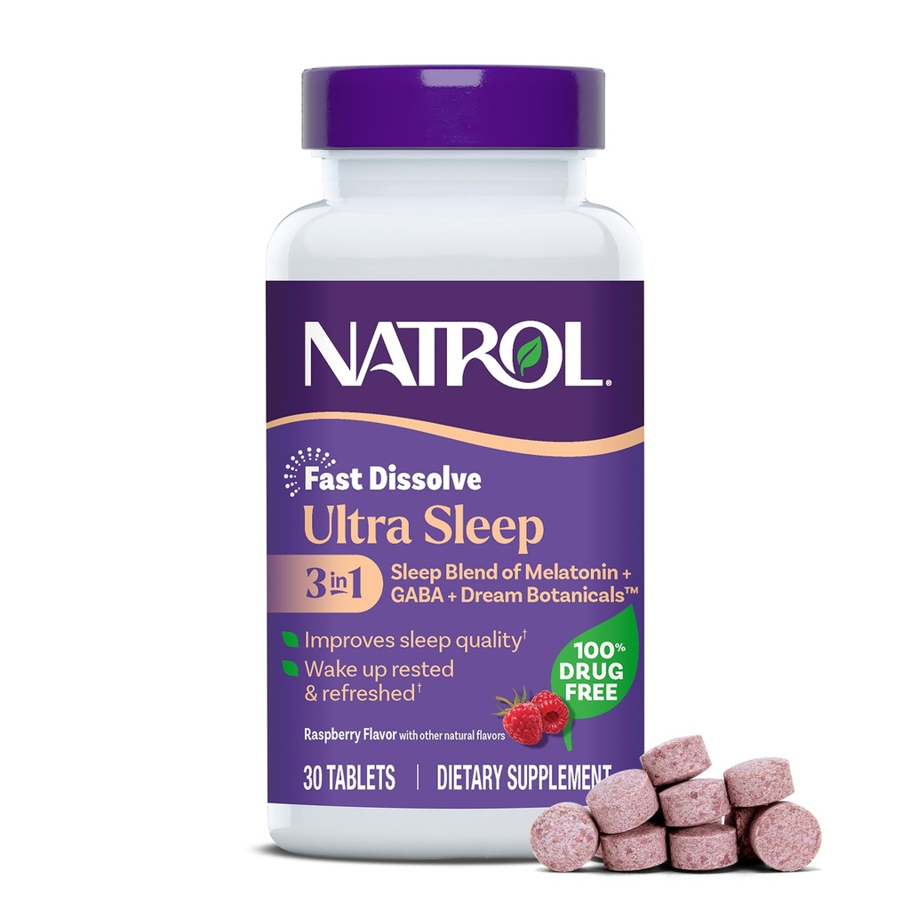 Natrol Ultra Sleep 3-em-1 100% Drug-Free Sleep Aid Mistura com Melatonina, GABA e Botânicas, Suplemento dietético, Formando Não-Habit, 30 Comprimidos de dissolução rápida