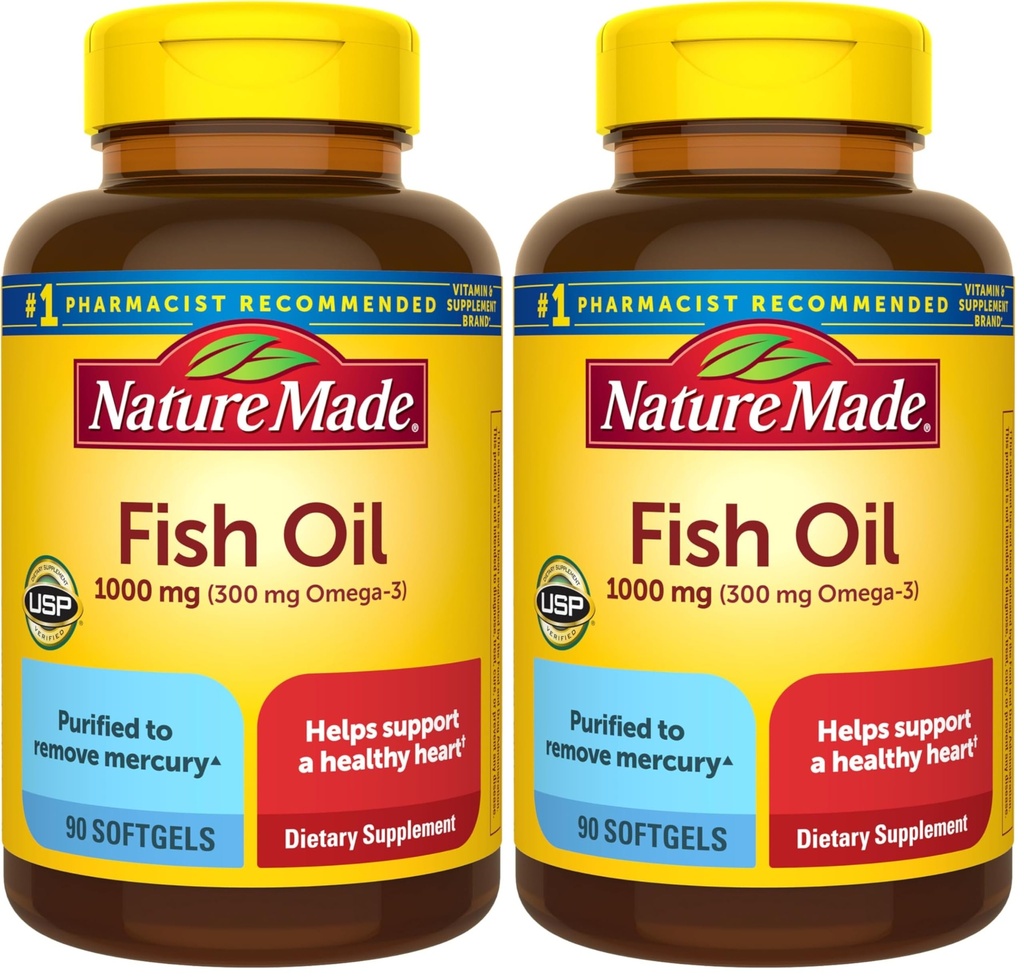 Nature Made Fish Oil Omega 3 Suplementos, 1000 mg Softgels, Omega 3 Fish Oil for Healthy Heart Support, 90 Softgels, 45 Day Supply (Pacote de 2)