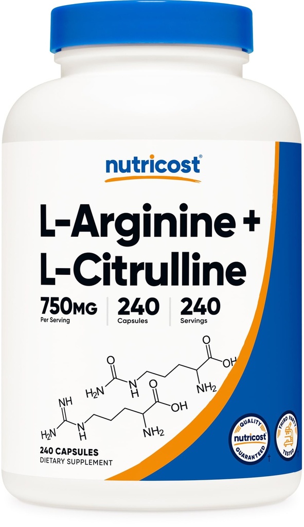 Nutricost L-Arginina L-Citrulina Complexo 750mg, 240 Cápsulas - Não-GMO