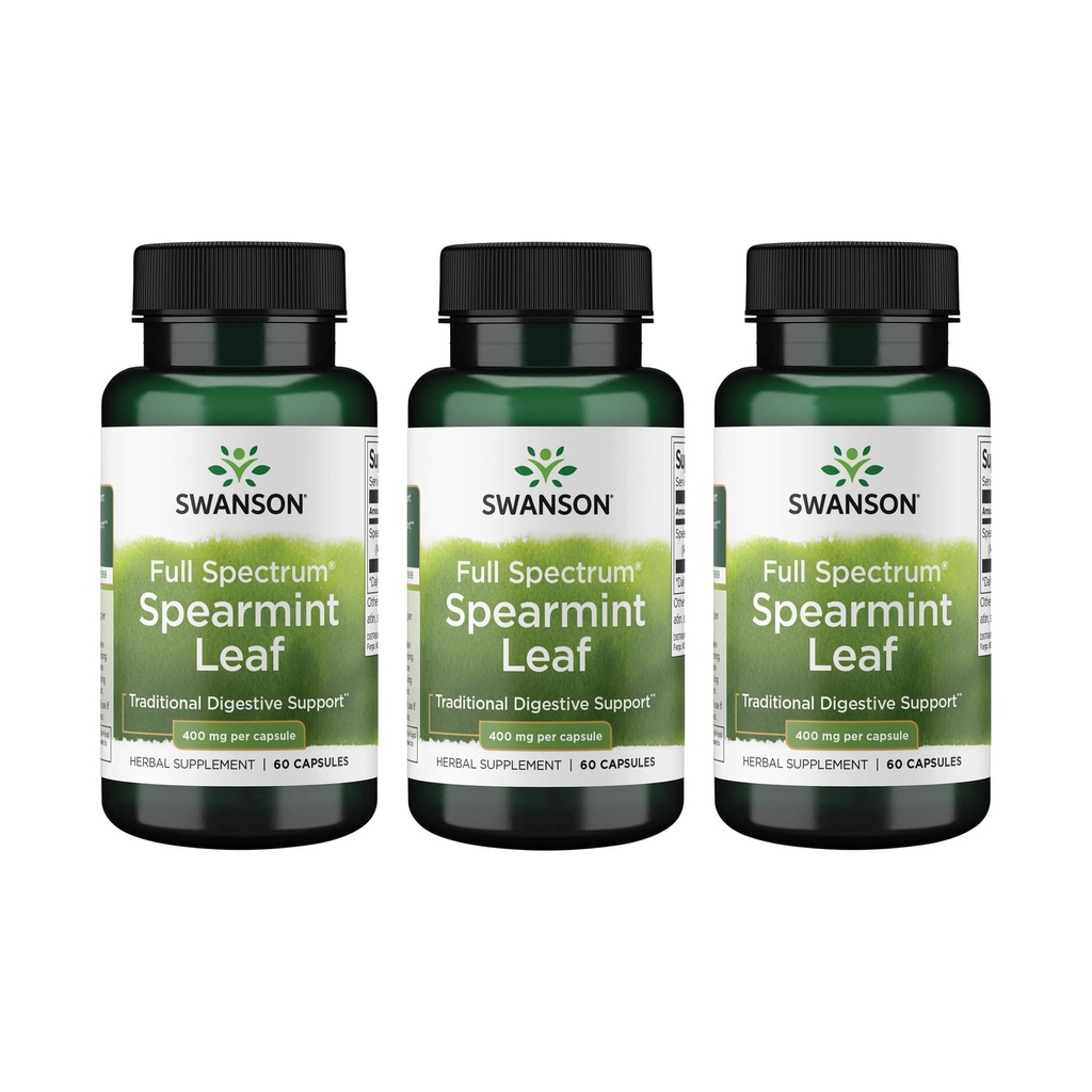 Swanson Spearmint Leaf (Mentha Spicata)-Full Spectrum Herbal Supplement Supplement Suportando Problemas Digestivos de Saúde e Estômago Leve - (60 Cápsulas, 400mg cada) 3 Pack