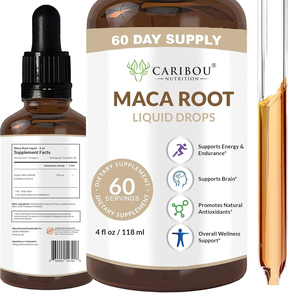 Maca Root Liquid Drops Extrato de Maca Root Premium Orgânico , Suplemento Maca para melhor humor e vitalidade , 60 serviços , 4 Fl Oz