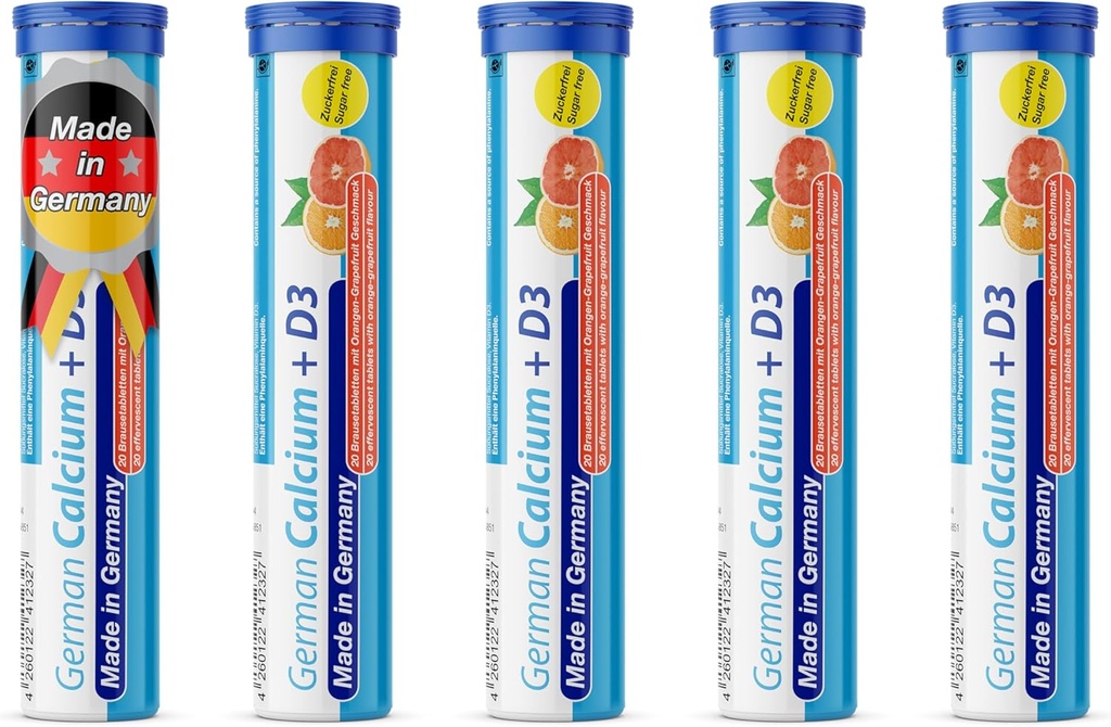 Cálcio alemão + VIT. D - 100 Comprimidos Efervescentes Bebida Vegetariana - Flavor Laranja-Grapefruit - Feito na Alemanha