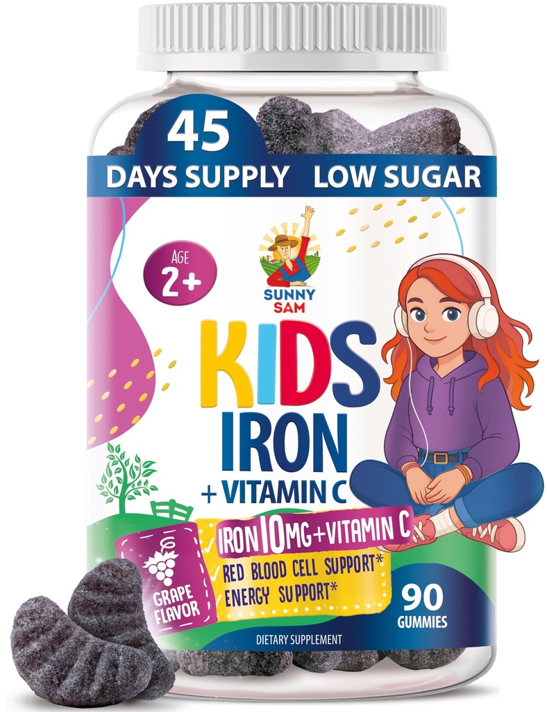 Sunny SAM Pastilhas de Ferro para Crianças e Adolescentes - 10mg Vitaminas de Ferro com Vitamina C - Suplemento de chiclete mastigável de baixo açúcar para apoio imunológico, Suporta Produção de Células de Sangue Vermelho para Crianças e Adolescentes
