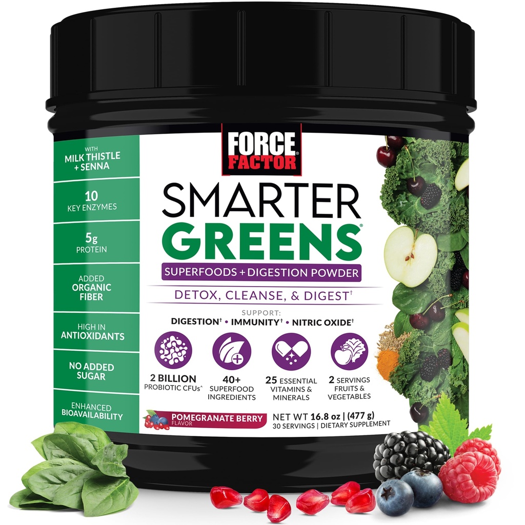 Fator de força Verdes mais inteligentes Superfoods Pó para apoiar a digestão, Gut Health, Bloating, Greens Pó com Probióticos, Prebióticos, Enzimas Digestivas, & Adaptogens, Berry Romã, 30 Servings