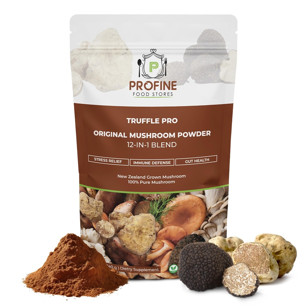 PROFINE Truffle PRO Cogumelo em pó 12-in - 1 Super mistura com trufa preta e trufa branca - USDA Orgânico - Suplemento - Adicionar ao café / chá / moothies - Cogumelos inteiros - Sem enchimentos