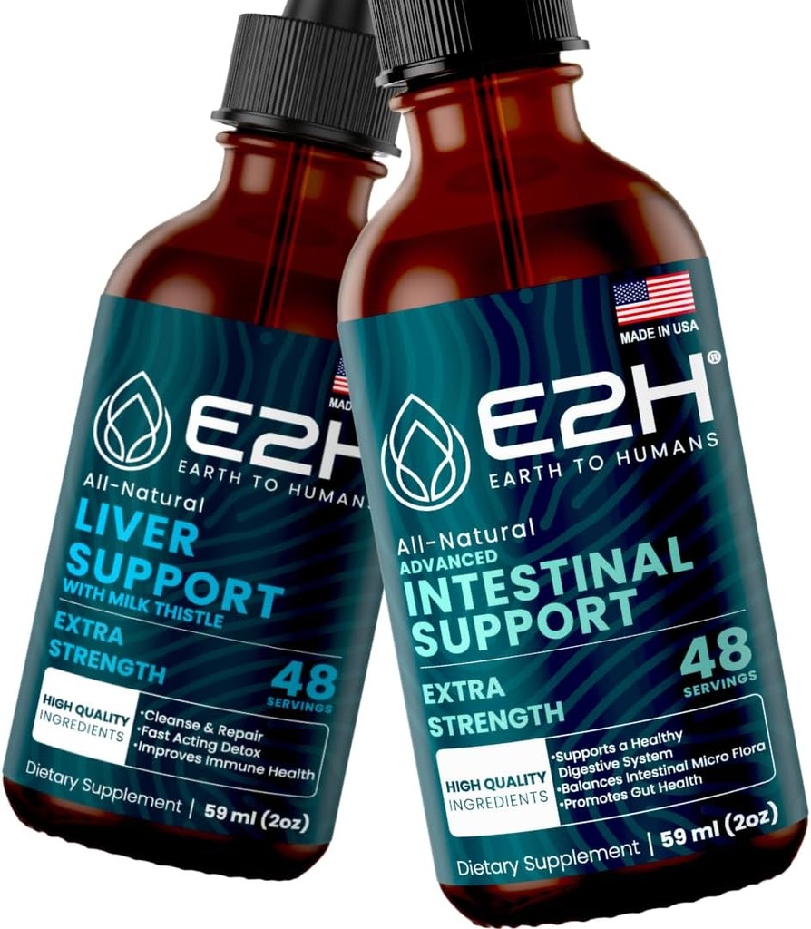 E2H: Suplemento de suporte de fígado e Suporte Intestinal Avançado - Vegan, Não-GMO - 2 Fl Oz cada (4 Fl Oz Total) - Pacote