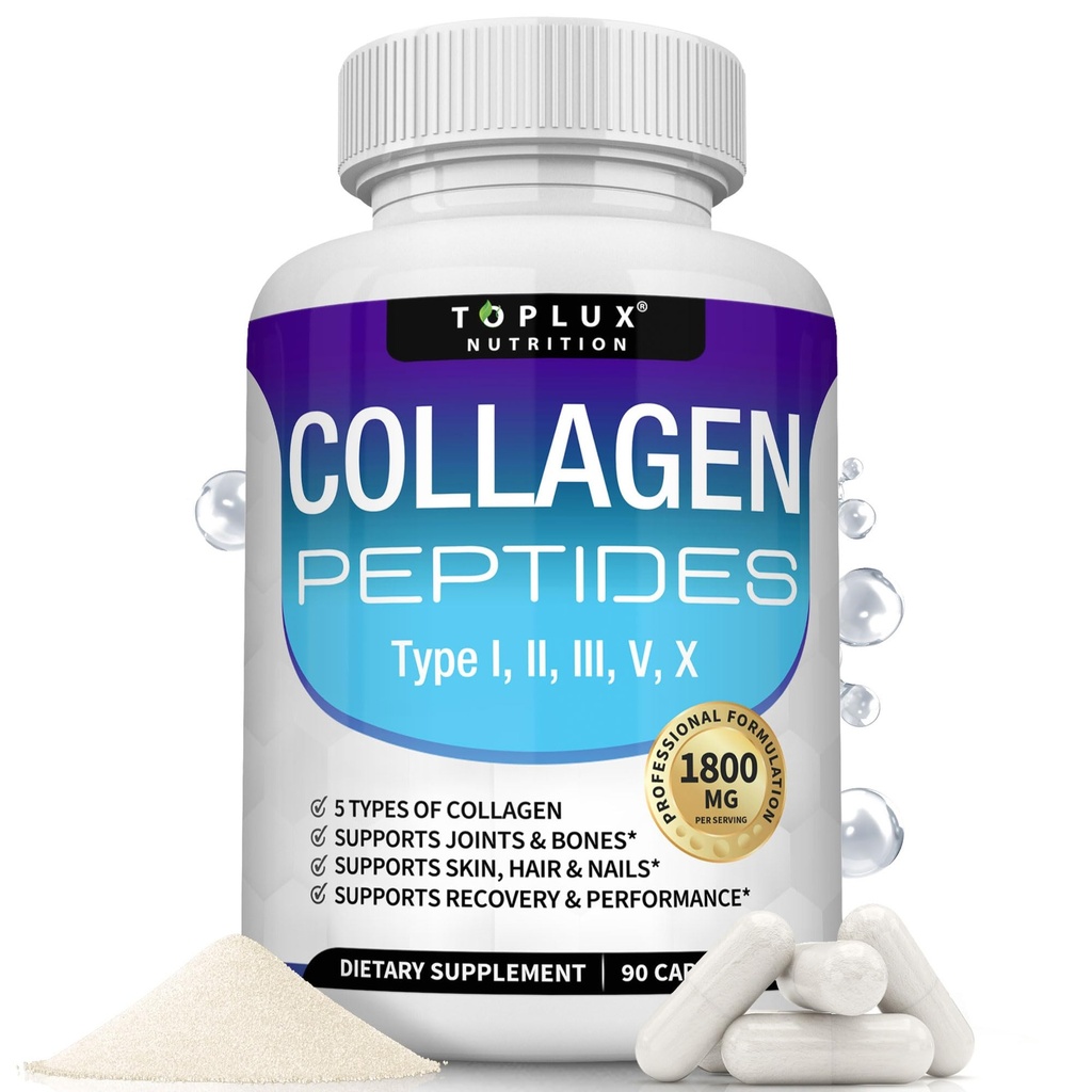 Toplux Multi Colágeno Peptídeos Pills 1800 Mg Complexo - Tipo I, II, III, V, X Complexo de Colágeno Premium para Melhor Pele & Cabelo, Junta Forte, Proteína Hidrolisada, para Homens, 90 Cápsulas, Suplemento