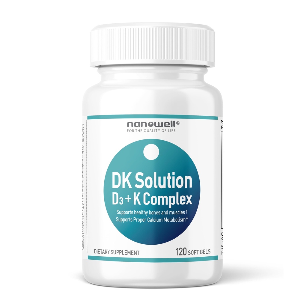 Solução NANOWELL DK Vitamina D3 2000 UI (50 mcg) + Complexo K - Suplemento dietético para suporte de saúde óssea, muscular e imune - 120 Softgels, suprimento de 120 dias