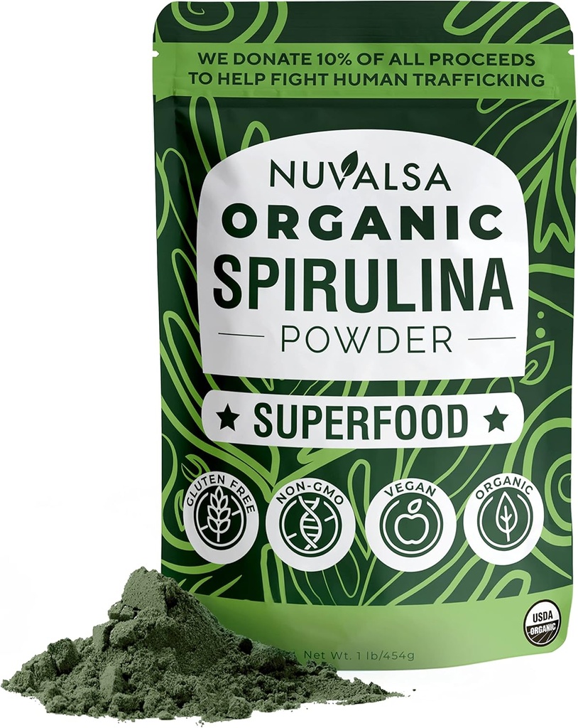 Nuvalsa espirulina orgânica em pó – 100% Puro Superalimento Suplemento de Blue Green Algas Non GMO para smoothie & Protein Drink, Vegan & USDA Certified Organic - 100 Servings