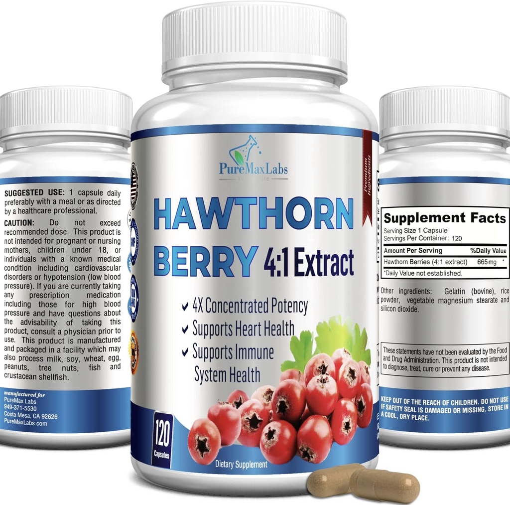 Hawthorn Berry 4:1 Extrato (120 Cápsulas) Suporte do sistema imunitário, Super Antioxidante, Hawthorn Berry Cápsulas Concentrado de 2660mg Berries