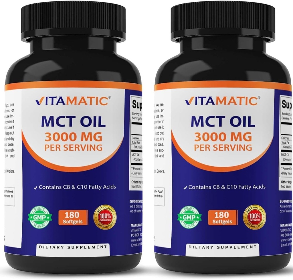 Vitamatic 2 Embalagens MCT Oil Cápsulas 3000 mg por serviço - 180 Softgels - do óleo de coco - contém 55% ácido caprílico C8 e 40% ácido cáprico C10 (Total 360 Softgel)
