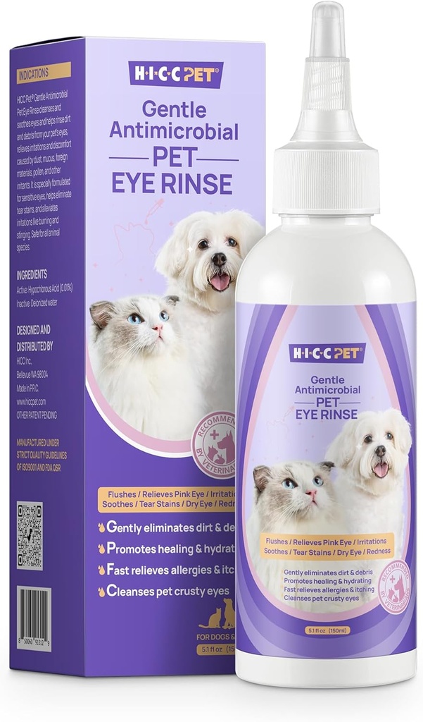 HICC PET Dog Eye Drops 5,1 fl oz Colírios para cães e gatos Vet-recomendado tratamento de infecção ocular do cão para aliviar a alergia da infecção, aliviar olhos secos olhos rosa, animal de estimação Tear Stain Cleaner