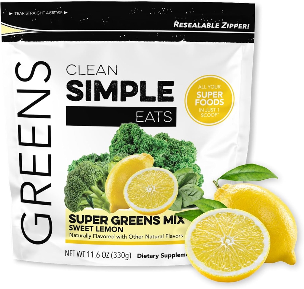 Limpo simples come Super Greens Pó, naturalmente sabor verde pó com chlorela, espirulina, superalimentos e fibra prebiótica, sem ingredientes artificiais, sem glúten, doce sabor limão, 30 Servings