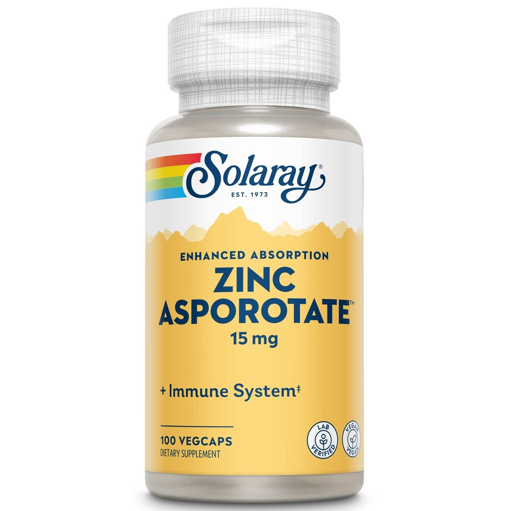 Solaray Zinc Asporotate 15mg Complexo Quelatado □ Suporte imunológico e endócrino, Fórmula de Saúde Celular & Pele, 100 VegCaps
