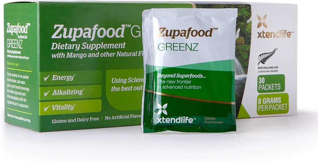 Xtendlife Zupafood GREENZ Pó - Verdes Orgânicos Pó Superalimento Detox Juice Misture com espirulina/Wheatgrass para Gut Health, Destoxificação Natural e Imunidade Forte □ 30 Embalagens (Vegan & Gluten Free)