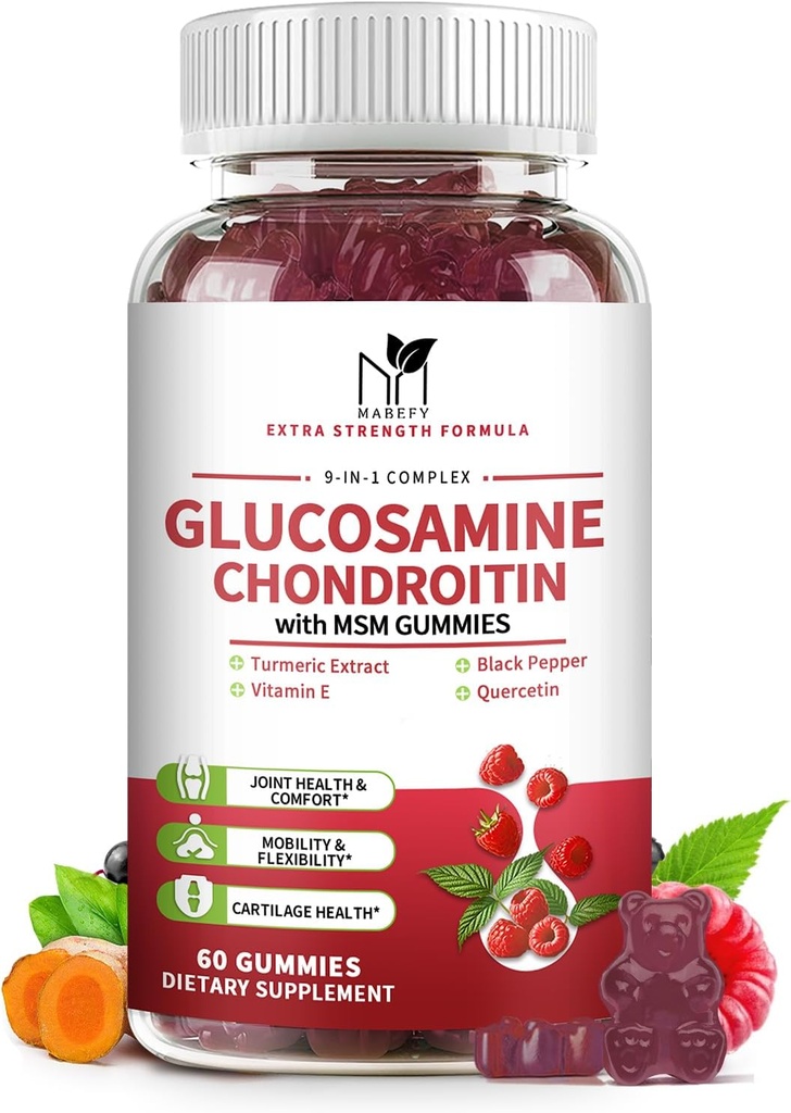 Glucosamina Condroitina Gummies Tripla Força (1.000mg Glucosamina, 750mg Condroitina) com HSH, Açafrão, Quercetina, Vitamina E, Suplemento de Apoio Conjunto, Antioxidante 60 Gummies Flavor de Framboesa