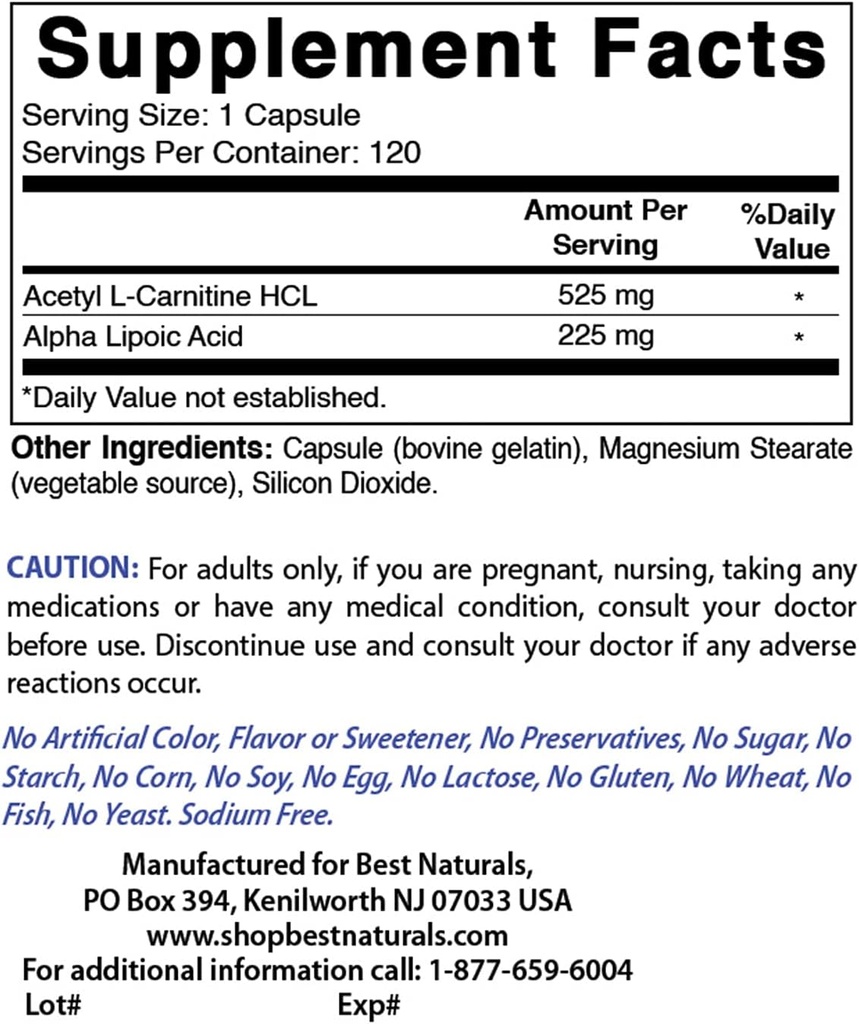 Melhores naturais Acetil L-Carnitina e Ácido Alfa Lipóico 750 mg & Gluconato de zinco 50mg