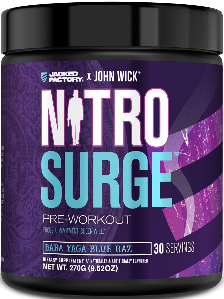 Jacked Factory X John Wick - Nitrosurge Wick Pre Treino Suplemento - Energia Intense, Battle-Pronto Foco, Compromisso Imparável, e Sheer Will - 30 Servings, Baba Yaga Blue Raz