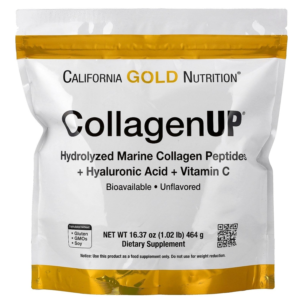 Califórnia Gold Nutrition CollagenUP®, hidrolisados Peptídeos de Colágeno Marinho com ácido hialurônico e vitamina C, sem sabor, 1,02 lb (464 g)