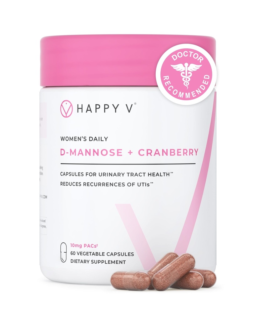 Happy v Dr. Formulado D-Mannose com pílulas de cranberry para mulheres Cranberry para infecções de trato urinário & D Mannose Pó para prevenção de infecção ITU, bexiga & trato urinário Saúde & harmonia