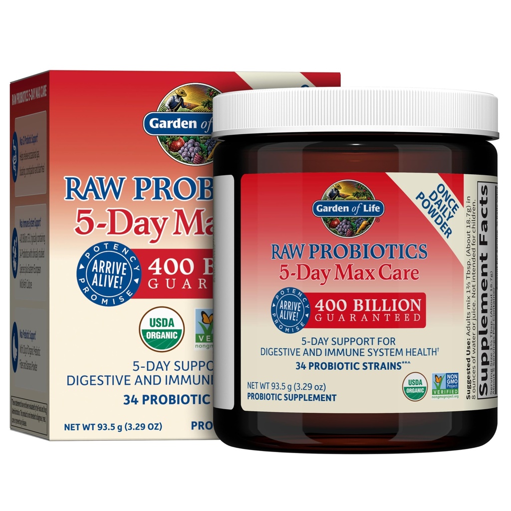 Jardim da Vida Probióticos Raw 5-Day Max Care - 400 Bilhões UFC - Pó Probiótico para Suporte Digestivo e Imune - Banana, 5 Servings