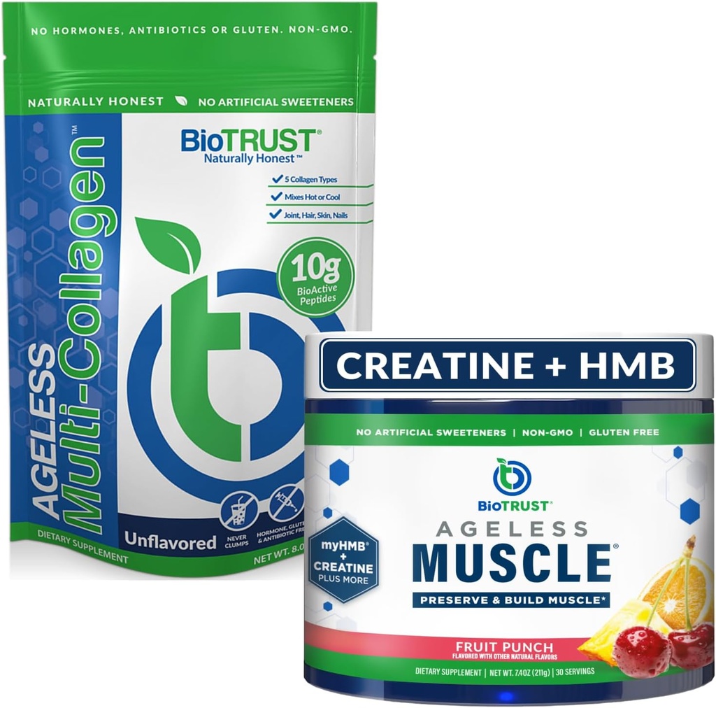 Músculo sem idade BioTrust (Fruit Punch) e Multi Colágeno (Sem sabor)