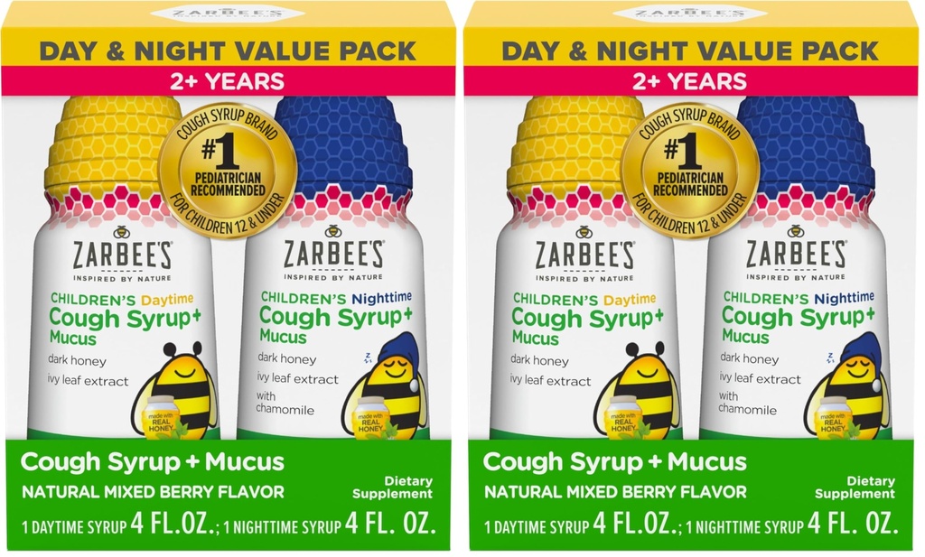 Xarope de tosse de mel das crianças de Zarbee + Mucus dia & noite pacote de valor, dia & noite Toddler tosse xarope, mel escuro, Ivy Leaf Extract, camomila, sabor de cereja misturado, 4 Fl Oz, (Pacote de 4)