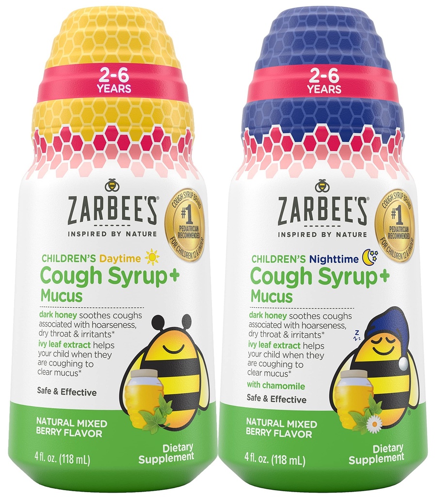 Pacote de Crianças de Zarbee Tosse + Mucus Durante o dia e a noite para crianças 2-6 com mel escuro, folha de Ivy, zinco e elderberry, 1 Pediatrician Recomendado, Drug & Alcohol-Free, Mixed Berry Flavor, 4FL Oz