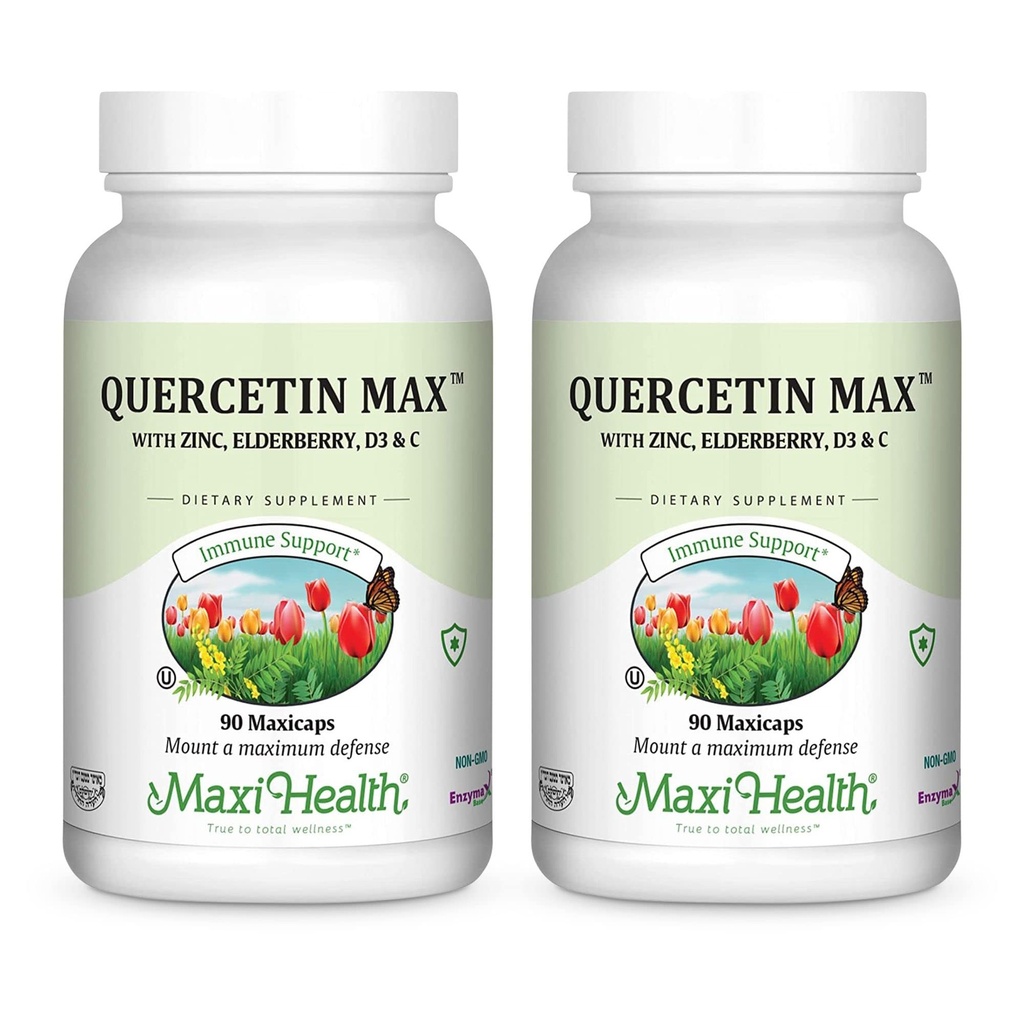 Maxi Health Quercetin 500mg Cápsulas – Suplementos de zinco para mulheres e homens – Não-GMO, Kosher, e Gluten-Free Quercetin Suplementos com Elderberry Vitamina C e Zinc (90 Veg Cápsulas, Pacote de 2)