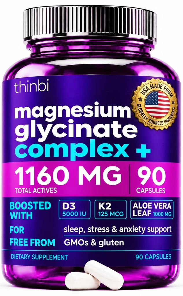 Magnesium Glycinate 1160mg + Aloe Vera, D3 & K2 Complex 90 Capsules - High Absorption, Non-Laxative - Supports, Muscle Function & Healthy Metabolism Chelated Formula
